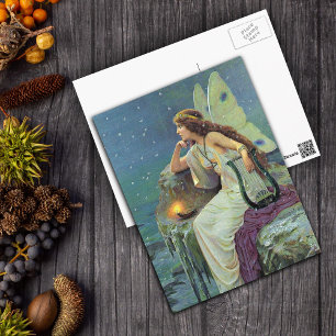 Vintage Pretty Fairy Fae Harp Candle Ocean Postcard