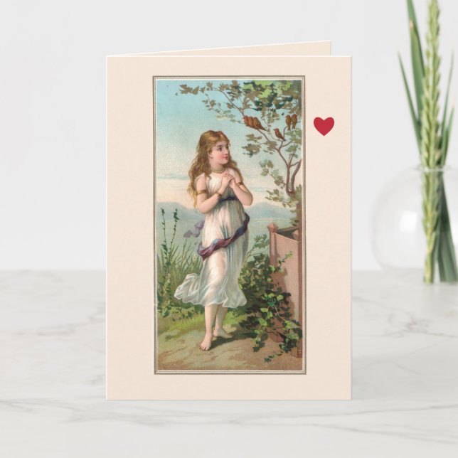 Vintage pretty girl in garden Valentine card (Front)