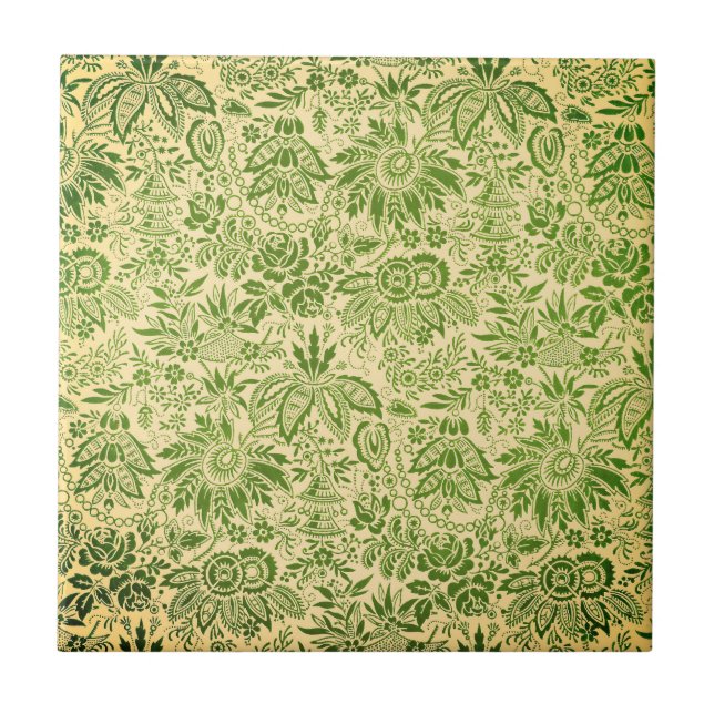 Vintage pretty green flowers floral  tile (Front)