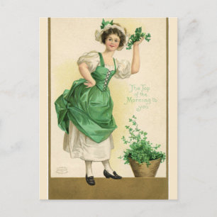 Vintage Pretty Irish Lady With Shamrocks Postcard