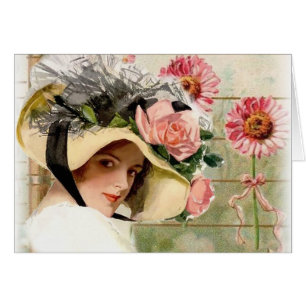 Vintage Pretty Lady in Flowered Hat,