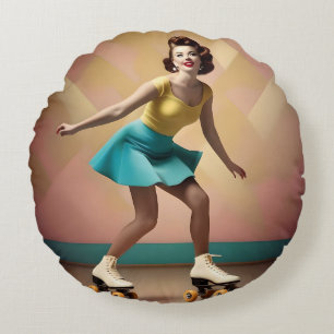 Vintage Pretty Lady Roller Skating Backwards, Round Cushion