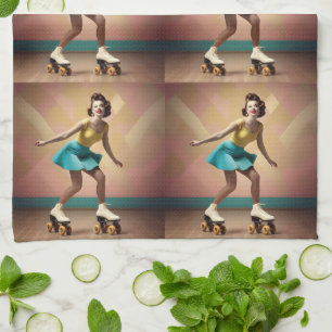 Vintage Pretty Lady Roller Skating Lets Roll, Tea Towel
