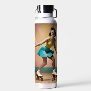 Vintage Pretty Lady Roller Skating Lets Roll, Water Bottle