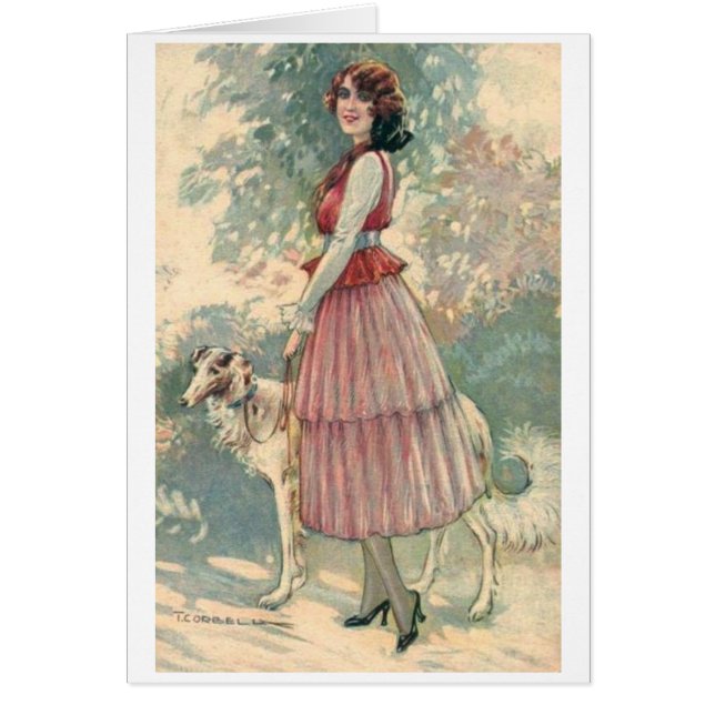Vintage - Pretty Lady Walking Her Dog, (Front)