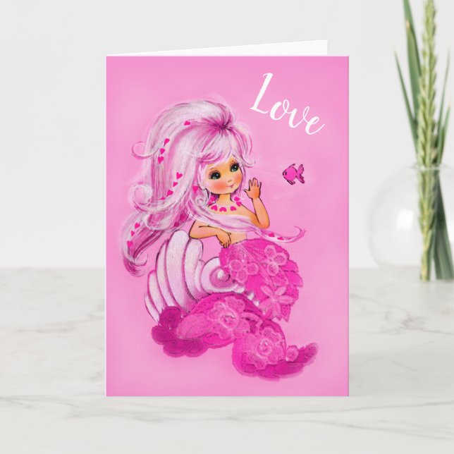 Vintage Pretty Mermaid Pink LOVE Valentine card (Front)