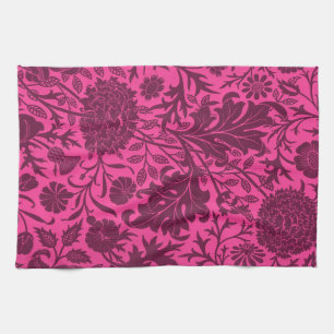 Vintage pretty pink and maroon floral pattern tea towel