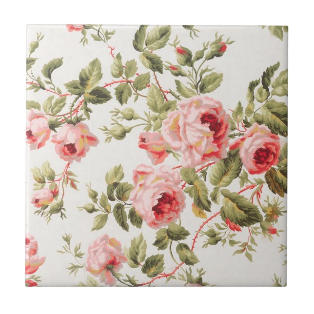 Vintage pretty pink roses floral pattern tile (Front)