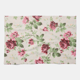 Vintage pretty red and pink roses floral pattern  tea towel