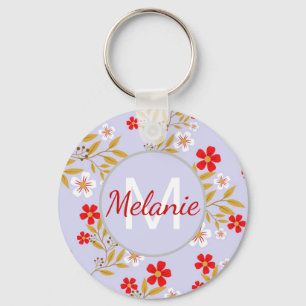 Vintage Pretty Red Flowers Pattern Personalised Key Ring