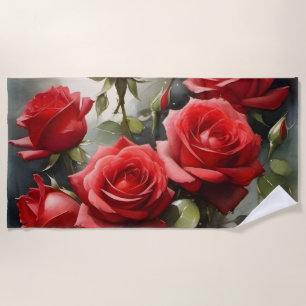 Vintage pretty red Roses watercolor painting Beach Towel