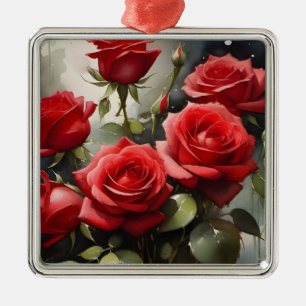 Vintage pretty red Roses watercolor painting  Metal Tree Decoration