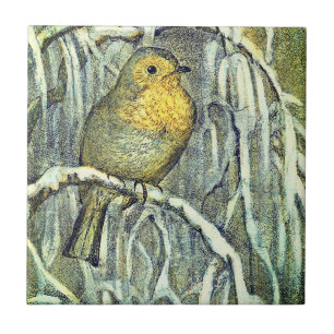 Vintage pretty Robin bird on a snowy branch Tile