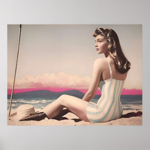 Vintage Pretty Woman Sits On The Beach Sand Poster