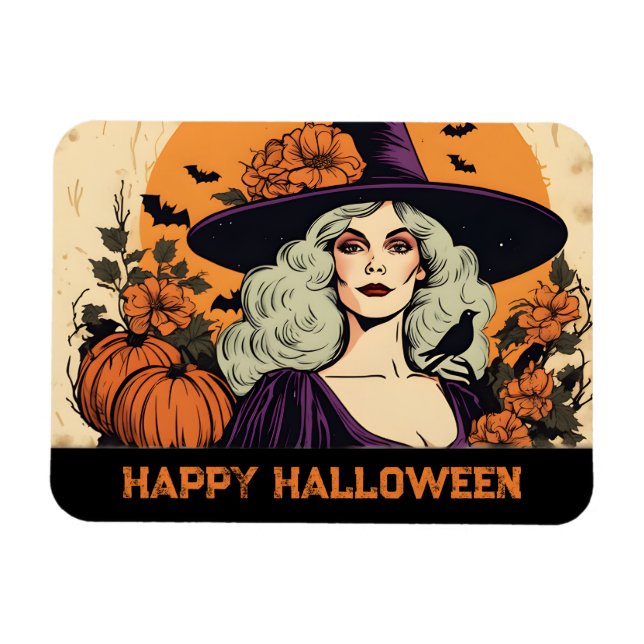 Vintage Pretty Woman Witch Flower Happy Halloween  Magnet (Horizontal)