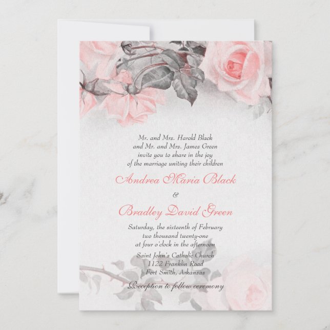 Vintage Primrose Pink Rose Wedding Invitation (Front)