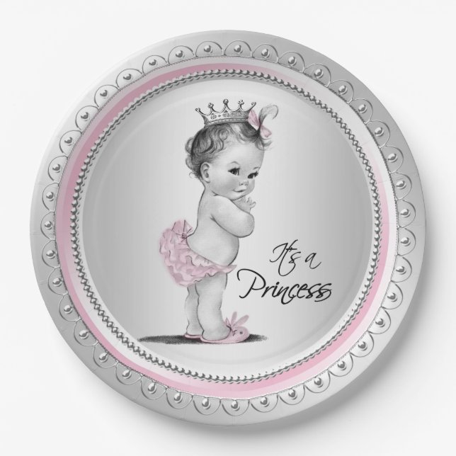 Vintage Princess Baby Shower Pink Silver Paper Plate (Front)