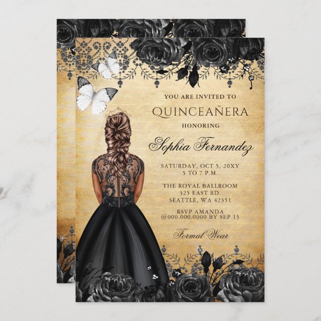 Vintage Princess Black Butterfly Quinceañera  Invitation (Front/Back)
