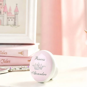 Vintage Princess Crown Pink & Grey Personal Name Ceramic Knob