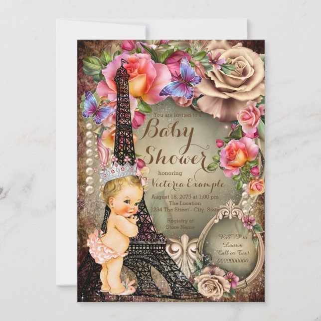 Vintage Princess Eiffel Tower Paris Baby Shower Invitation (Front)