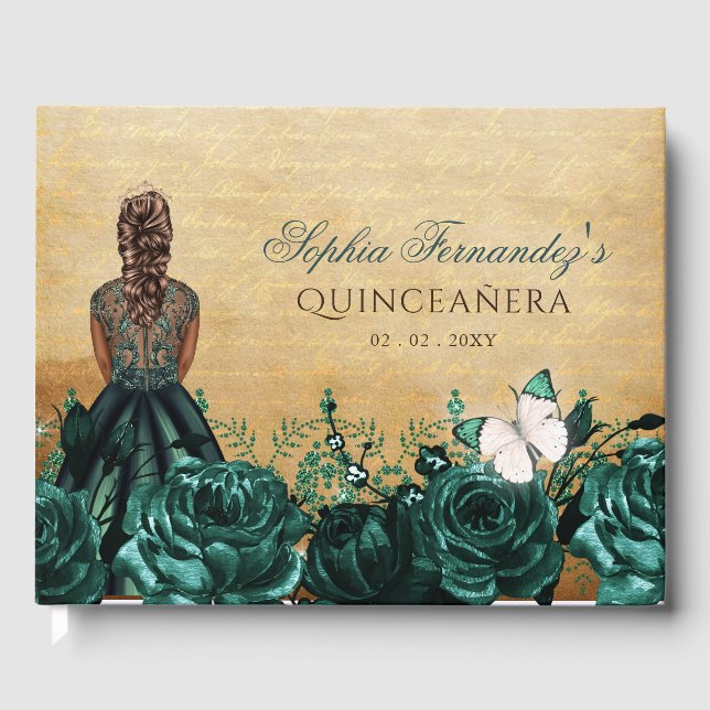 Vintage Princess Green Butterfly Quinceañera Guest Book (Front)