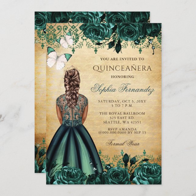 Vintage Princess Green Butterfly Quinceañera Invitation (Front/Back)