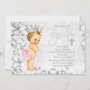 Vintage Princess Pink and Grey Baptism Invitation