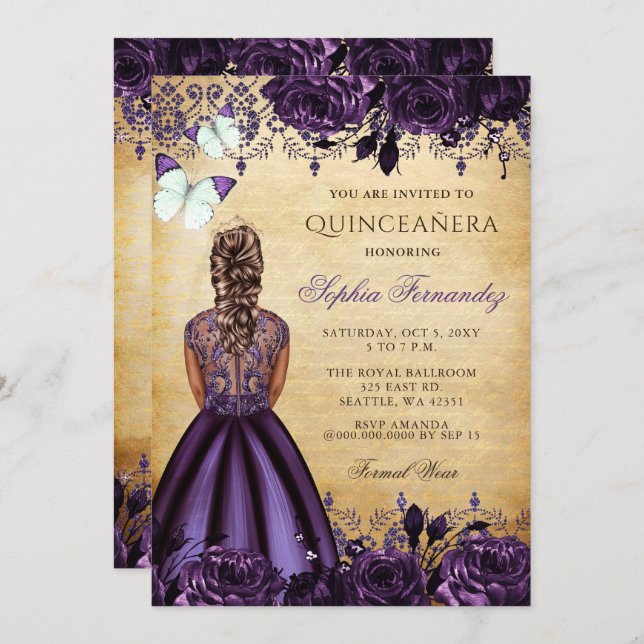 Vintage Princess Purple Butterfly Quinceañera  Invitation (Front/Back)