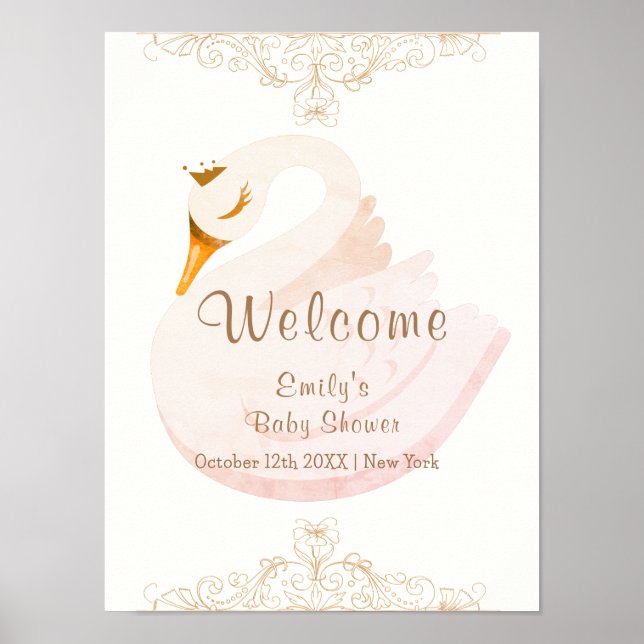 Vintage Princess Swan Girl Baby Shower Welcome Poster (Front)