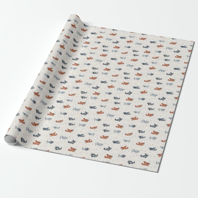 Vintage Propeller Aeroplane Pattern Navy Blue Wrapping Paper (Unrolled)