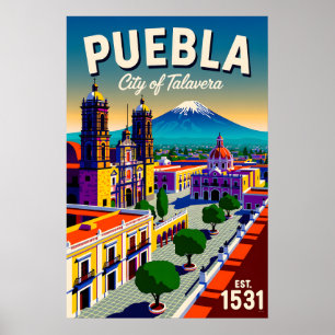 Vintage Puebla Mexico City of Talavera Retro Poster