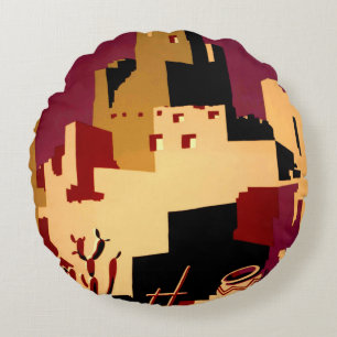 Vintage Pueblos of the Southwest WPA Poster Art Round Cushion