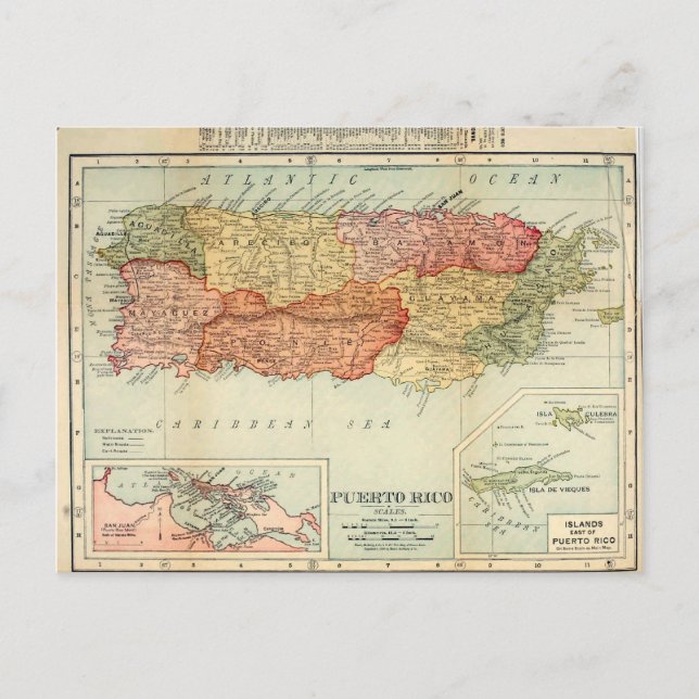 Vintage Puerto Rico Map, 1898 Postcard (Front)