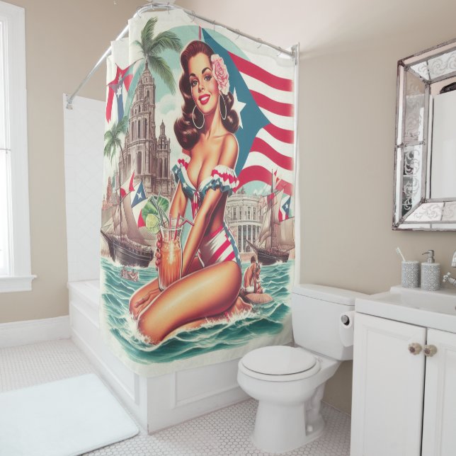 Vintage Puerto Rico Pin-Up Shower Curtain (In Situ)