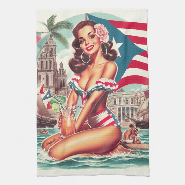Vintage Puerto Rico Pin-Up Tea Towel (Vertical)
