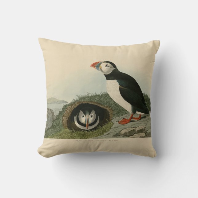 Vintage Puffin Illustration Cushion (Front)
