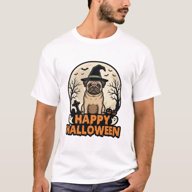 Vintage Pug Happy Halloween Witch Hat Shirt Design (Front)