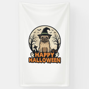 Vintage Pug Happy Halloween Witch Hat Shirt Design Banner