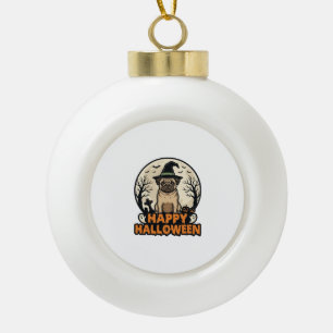 Vintage Pug Happy Halloween Witch Hat Shirt Design Ceramic Ball Christmas Ornament