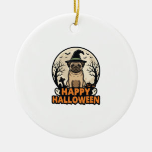 Vintage Pug Happy Halloween Witch Hat Shirt Design Ceramic Tree Decoration