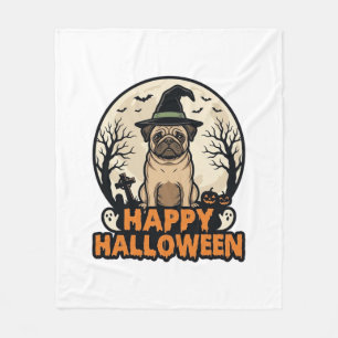 Vintage Pug Happy Halloween Witch Hat Shirt Design Fleece Blanket