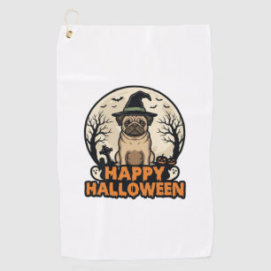 Vintage Pug Happy Halloween Witch Hat Shirt Design Golf Towel
