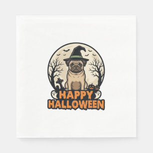 Vintage Pug Happy Halloween Witch Hat Shirt Design Napkin