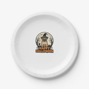 Vintage Pug Happy Halloween Witch Hat Shirt Design Paper Plate