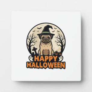 Vintage Pug Happy Halloween Witch Hat Shirt Design Plaque
