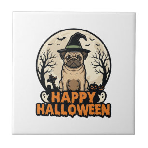 Vintage Pug Happy Halloween Witch Hat Shirt Design Tile