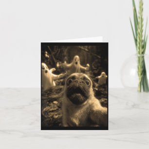 Vintage Pug Selfie With Ghosts Haunted Forest Card
