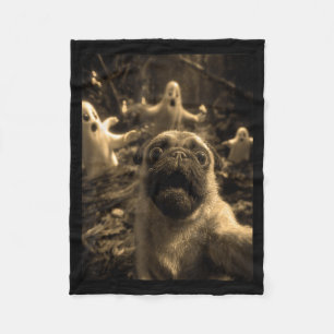 Vintage Pug Selfie With Ghosts Haunted Forest Fleece Blanket