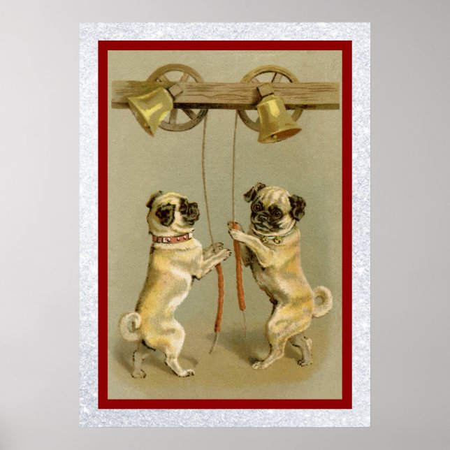 vintage pugs ringing new year bells poster (Front)