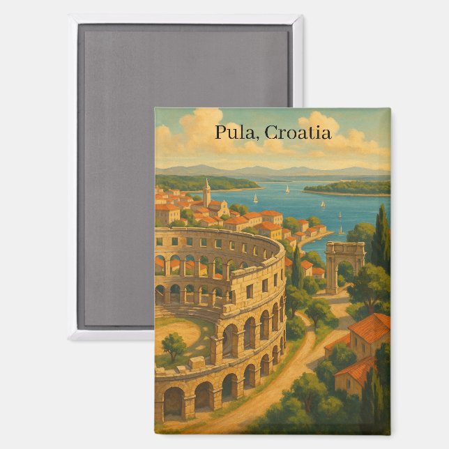 Vintage Pula Croatia Travel City View Magnet (Front/Back)